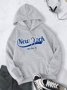 SHEIN EZwear Của phụ nữ In thư Dây rút áo có mũ Lông cừu Áo nỉ - Màu Xám nhạt - Xem 1