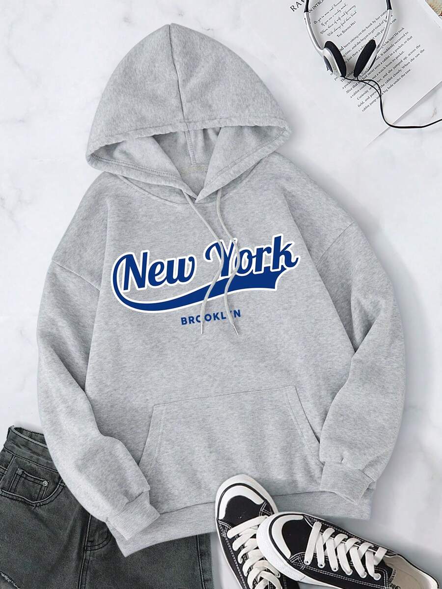 SHEIN EZwear Của phụ nữ In thư Dây rút áo có mũ Lông cừu Áo nỉ - Màu Xám nhạt - Xem 1
