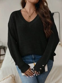 SHEIN Clasi Áo len Plus Size Xù nhỏ Gân đan màu trơn Giải trí - màu đen - Xem 5