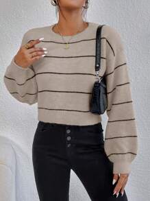 Chiquease Striped Pattern Drop Shoulder Sweater,Long Sleeve Tops Knit Pullover Fall Winter Outfit