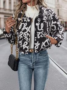 SHEIN LUNE 字母图案拉链短款加厚棉服外套冬季服装 - 黑與白 - 查看 3
