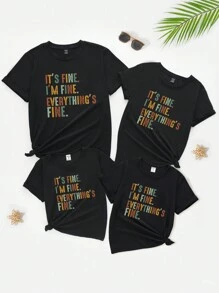 1pc Teen Girl Letter Printed Short Sleeve T-Shirt, Family Matching For Mommy And Me (4 Pieces Sold Separately) - Black - View 1