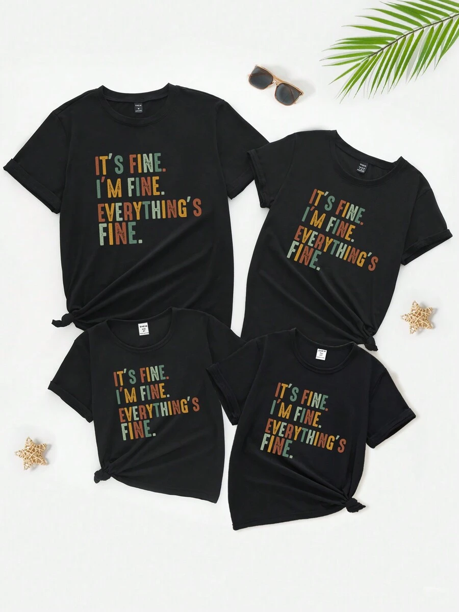 1pc Teen Girl Letter Printed Short Sleeve T-Shirt, Family Matching For Mommy And Me (4 Pieces Sold Separately) - Black - View 1