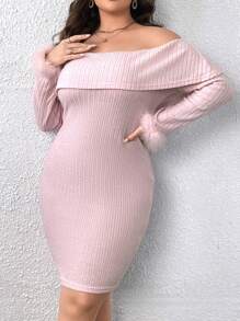 Celure Plus Foldover Off Shoulder Fuzzy Cuff Bodycon Dress