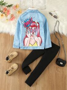 SHEIN 休閒拉鍊 前紐扣人像女童（小）兩件套 - 藍色 - 查看 6