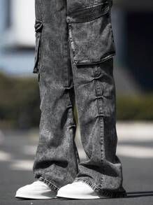 Manfinity Roghcode Men's Cargo Jeans Baggy Long Acid Wash Jean Plain Dark Grey Party Y2K Rapper - Grey - View 3