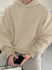 DAZY 男款純色下垂肩帽衫 - 杏色 - 查看 3
