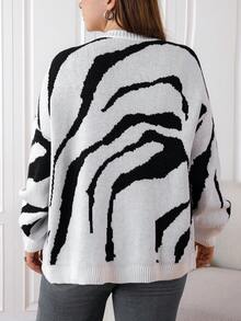 SHEIN EZwear 大碼斑馬紋圖案落肩袖開襟開衫 - 黑與白 - 查看 2