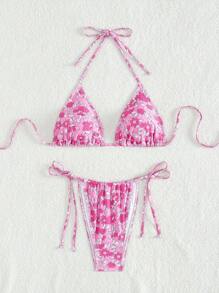 Swim Mod 女士花卉印花領後繫式比基尼套裝 - 彩色 - 查看 7