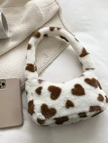 ROMWE Kawaii Heart Graphic Fluffy Hobo Bag - Brown - View 3