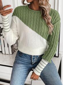 SHEIN Essnce Two Tone Cable Knit Drop Shoulder Sweater - Green - View 1