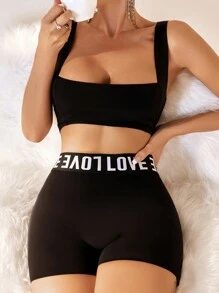 SHEIN Letter Tape Panel Lingerie Set - Black - View 3