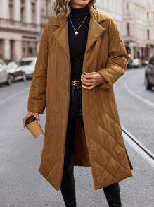 SHEIN Unity Diamond Quilted Pleated Long Padded Coat Clothes Winter With Waist Belt