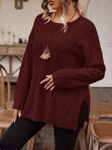 EMERY ROSE Plus Solid Drop Shoulder Split Hem Sweater, Winter Knit Pullover Fall Outfit Autumn - Burgundy - View 4