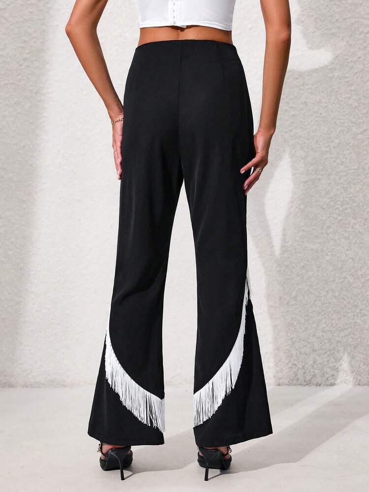 Fringe Trim Flare Leg Pants Fall Cloth For Women
