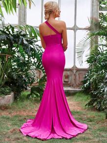 Asymmetrical Neck High Slit Thigh Length Sequined Detail Mermaid Formal Dress - Hot Pink - View 2