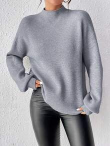 SHEIN Essnce 小高領落肩袖套頭毛衣 - 灰色 - 查看 5