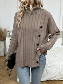 SHEIN LUNE Áo cao cổ Chi tiết Nút Thả vai Viền không đối xứng Áo len - Cà phê nâu - Xem 4