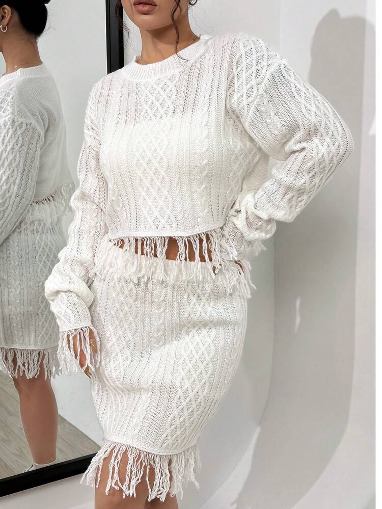 Fringe Hem Drop Shoulder Sweater & Knit Skirt Fall Cloth For Women