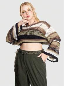 ROMWE Fairycore Plus Size Drop Shoulder With Distressed Holes Sweater, School - Multicolor - View 6