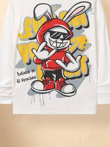 SHEIN 青少年男孩休閒連帽t卹針織t卹,卡通印花 - 白色 - 查看 5