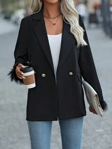 SHEIN Essnce Fuzzy Cổ tay áo Nút đôi Áo vest - màu đen - Xem 4