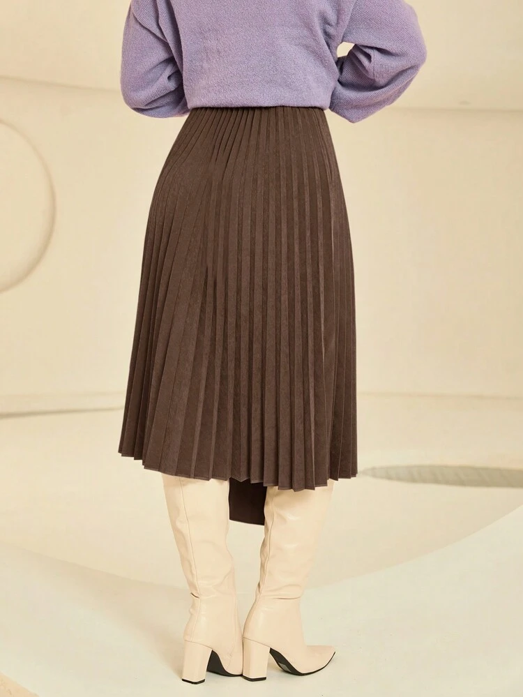 Solid Pleated Asymmetrical Hem Skirt
