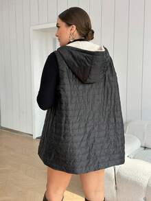 SHEIN Essnce Hơn Dây kéo áo có mũ Áo khoác vest quilted - màu đen - Xem 4