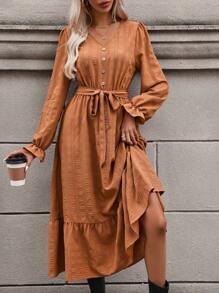 SHEIN VCAY Flounce Sleeve Ruffle Hem Belted Dress - Brown - View 1