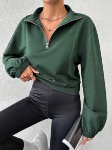 EURMUSE Half Zip Drop Shoulder Sweatshirt - Green - View 1