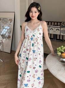 DAZY Cartoon Graphic Contrast Lace Cami Nightdress Pajama - Beige - View 5