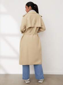 SHEIN Unity 優雅腰帶 雙排釦 口袋純色女士風衣外套 - 卡其色 - 查看 2