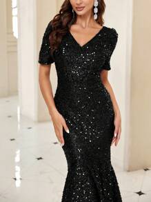 SHEIN Belle Mermaid Hem Sequin Formal Dress Black Elegant Prom Evening Wedding Guest Gown, For Graduation, Dinner - Black - View 7