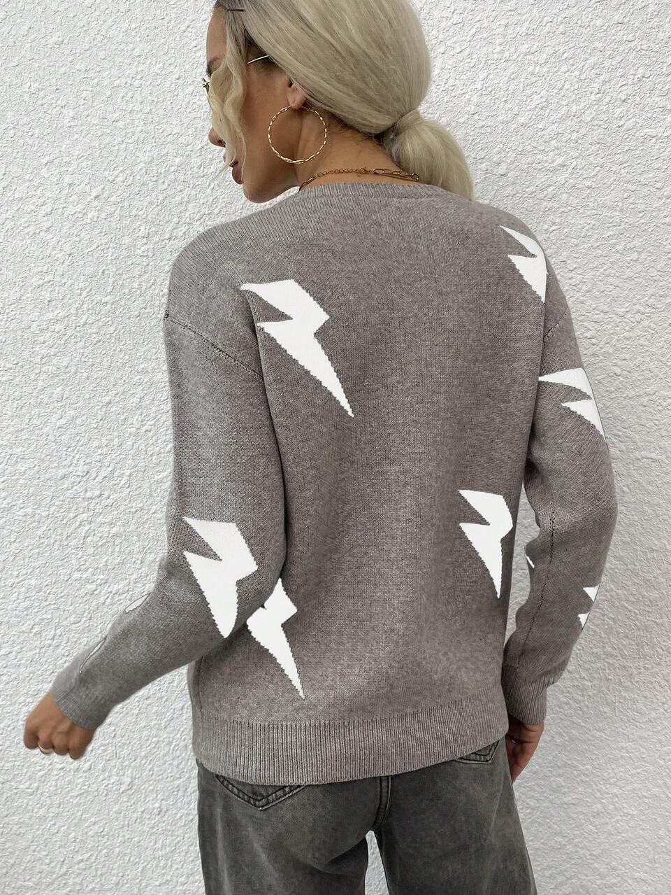 Lightning Pattern Drop Shoulder Knit Pullover Fall Winter Sweater
