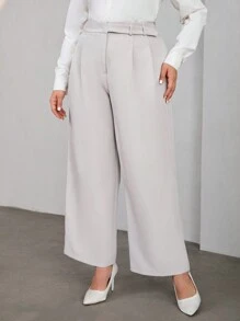 SHEIN Privé Plus Size Solid Color Wide Leg Pants - Light Grey - View 5
