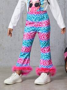 SHEIN Young Girl Allover Print Fuzzy Trim Flare Leg Pants