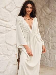 Bohemela Loose Fit Women's Solid Color Deep V-neck Vacation Dress