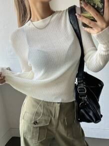 Dazy Star Solid Mock Neck Ribbed Knit Crop Sweater Fall - White - View 8