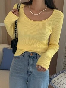 DAZY Solid Scoop Neck Ribbed Knit Sweater,Long Sleeve Tops,Fall Women Clothes - Yellow - View 3