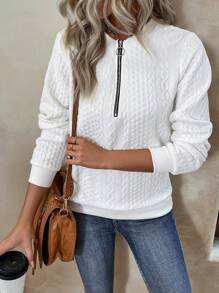 SHEIN LUNE Của phụ nữ Textured Chất vải Khóa kéo một nửa Dây kéo Áo nỉ - trắng - Xem 3