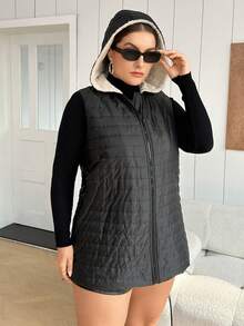 SHEIN Essnce Hơn Dây kéo áo có mũ Áo khoác vest quilted - màu đen - Xem 3