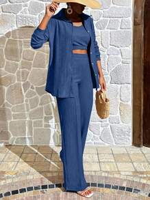 EURMUSE Solid Crop Tank Top & Shirt & Trousers - Blue - View 4