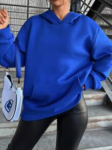 EURMUSE Slogan Graphic Drop Shoulder Hoodie - Blue - View 3