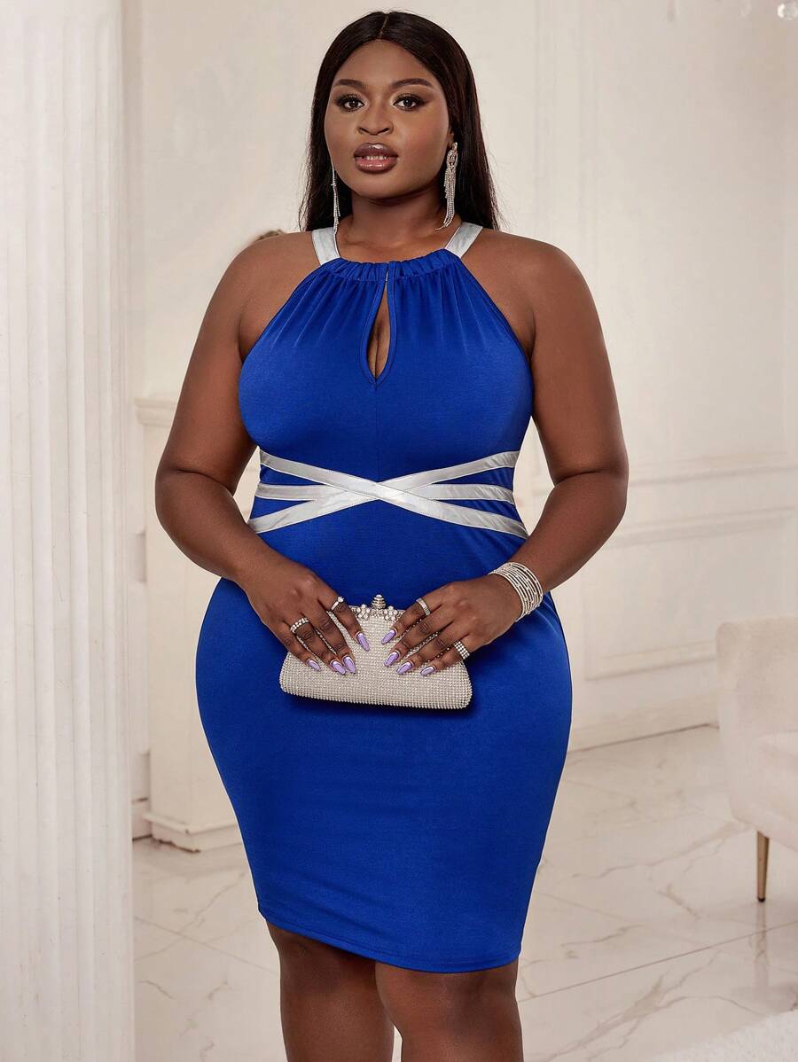 SHEIN Lady Talla grande Vestido ajustado con cinta en contraste con abertura - Multicolor - Ver 1