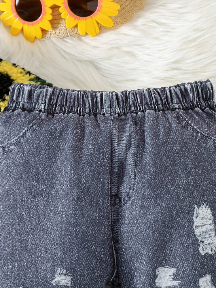 Young Girls Style Plush Long Sleeve Stand Collar Coat + Denim Effect Flared Pants 2pcs/Set For Autumn And Winter