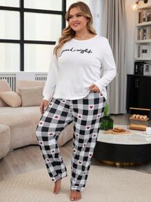 Plus Letter Graphic Tee & Heart Print Pants PJ Set - White - View 4