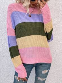 SHEIN Essnce 撞色落肩袖套頭毛衣 - 粉色 - 查看 5