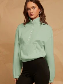 SHEIN EZwear Half Zip Drop Shoulder Sweatshirt - Mint Green - View 4