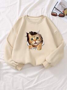 SHEIN EZwear 卡通貓貓圖案加絨內裏運動衫 - 摩卡棕 - 查看 1