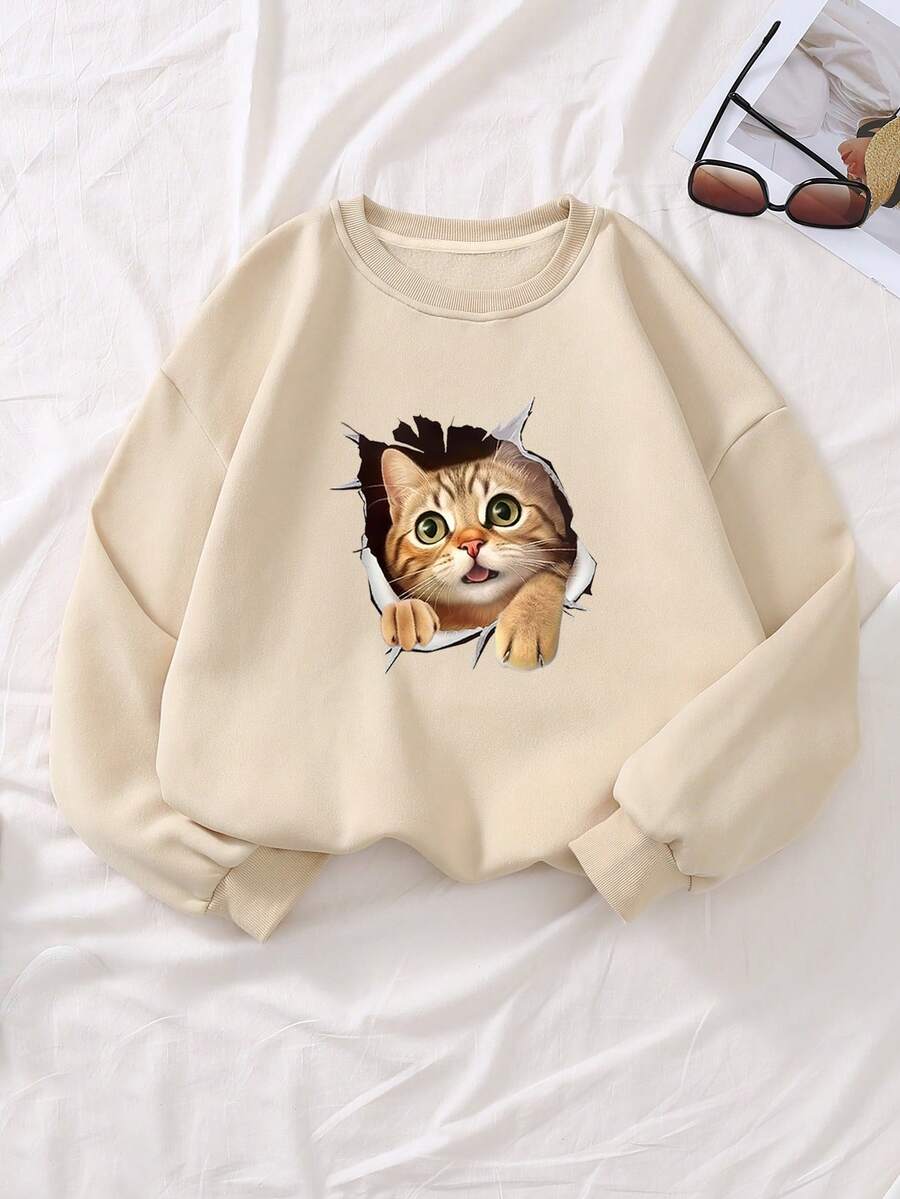 SHEIN EZwear 卡通貓貓圖案加絨內裏運動衫 - 摩卡棕 - 查看 1